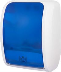 Hochwertiger sensorgesteuerter Handtuchrollenspender aus ABS weiss/blau in einem modernen, formschönen und zugleich robusten Design. Er ist abschließbar und für Papierrollen bis 230 m geeignet., Waschraumausstattung