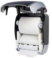 Hochwertiger Handtuchrollenspender Autocut aus ABS  in einem modernen, formschönen und zugleich robusten Design. Er ist abschließbar mit Push-Hebel und für Papierrollen bis 230 m geeignet.