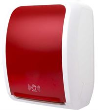 Hochwertiger sensorgesteuerter Handtuchrollenspender aus ABS weiss/rot in einem modernen, formschönen und zugleich robusten Design. Er ist abschließbar und für Papierrollen bis 230 m geeignet.