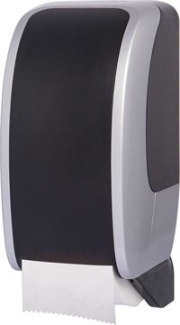WB Toilettenpapierspender aus ABS Kunststoff, schwarz/silber mit eingebauter Abrollbremse.