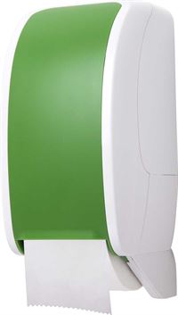 WB Toilettenpapierspender aus ABS Kunststoff, weiss/gruen mit eingebauter Abrollbremse.