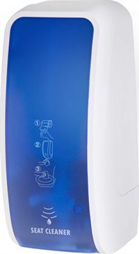 Hochwertiger und robuster sensorgesteuerter Toilettensitz-Desinfektionsspender aus ABS Kunststoff, weiss/blau. Höchste Ergiebigkeit bei gleichzeitigem platzsparenden Volumen zeichnen diesen Spender aus.