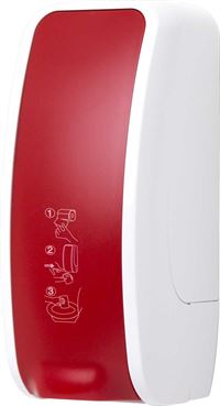 Hochwertiger und robuster Toilettensitz-Desinfektionsspender aus ABS Kunststoff, weiss/rot. Höchste Ergiebigkeit bei gleichzeitigem platzsparenden Volumen zeichnen diesen Spender aus.