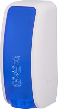 Hochwertiger und robuster Toilettensitz-Desinfektionsspender aus ABS Kunststoff, weiss/blau. Höchste Ergiebigkeit bei gleichzeitigem platzsparenden Volumen zeichnen diesen Spender aus.